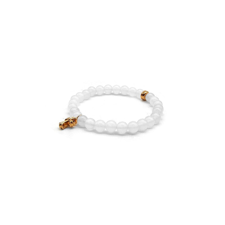 Chrome Hearts 6mm White Agate 22K Gold Cross Charm Pendant Beaded Bracelet - SHENGLI ROAD MARKET