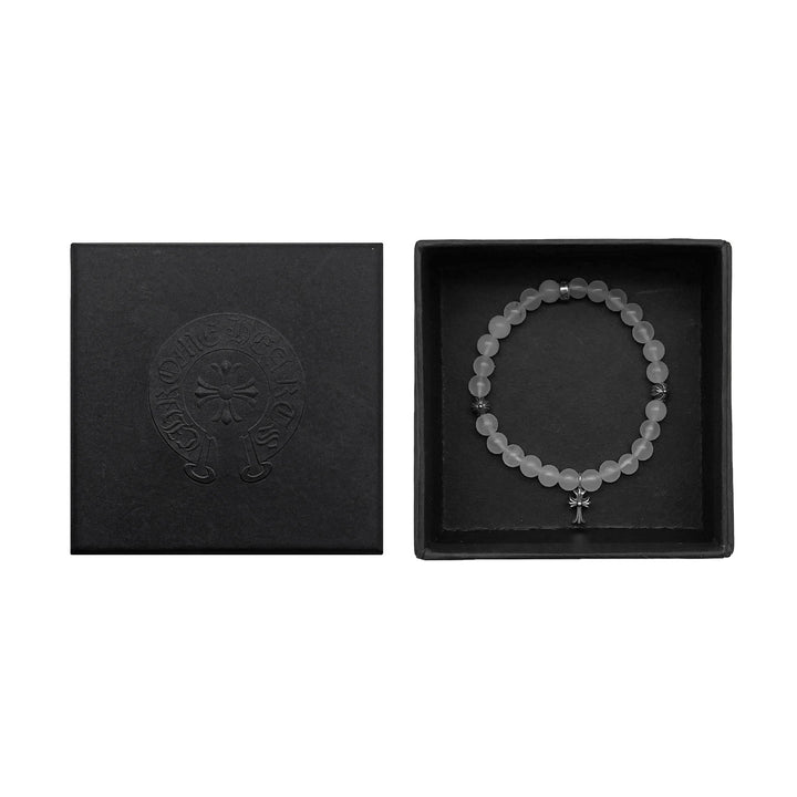 Chrome Hearts 6mm White Agate Silver Cross Pendant Beaded Bracelet - SHENGLI ROAD MARKET