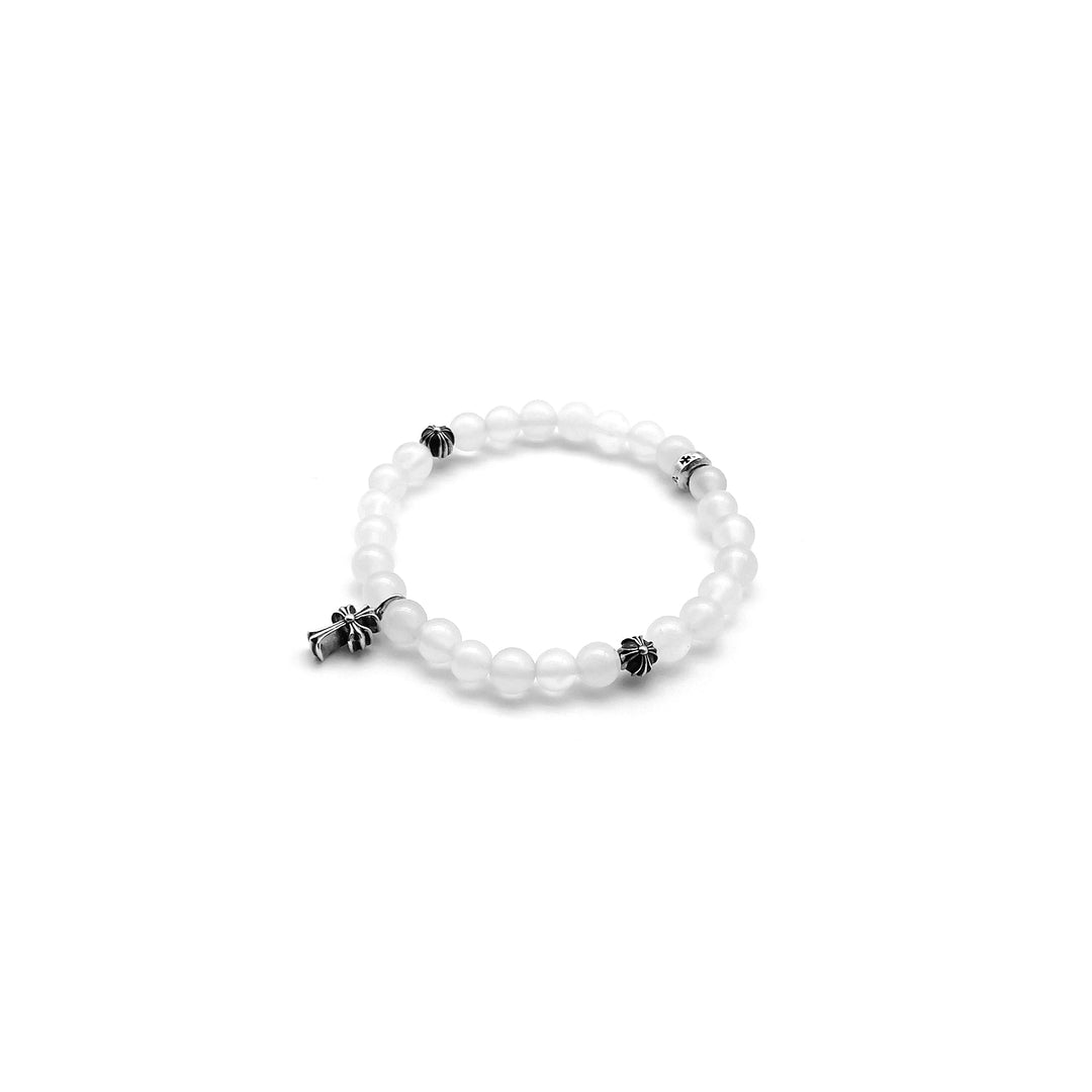 Chrome Hearts 6mm White Agate Silver Cross Pendant Beaded Bracelet - SHENGLI ROAD MARKET