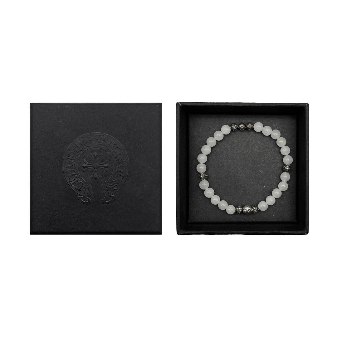 Chrome Hearts 6mm White Beaded 8 Silver Cross Ball Bracelet - SHENGLI ROAD MARKET