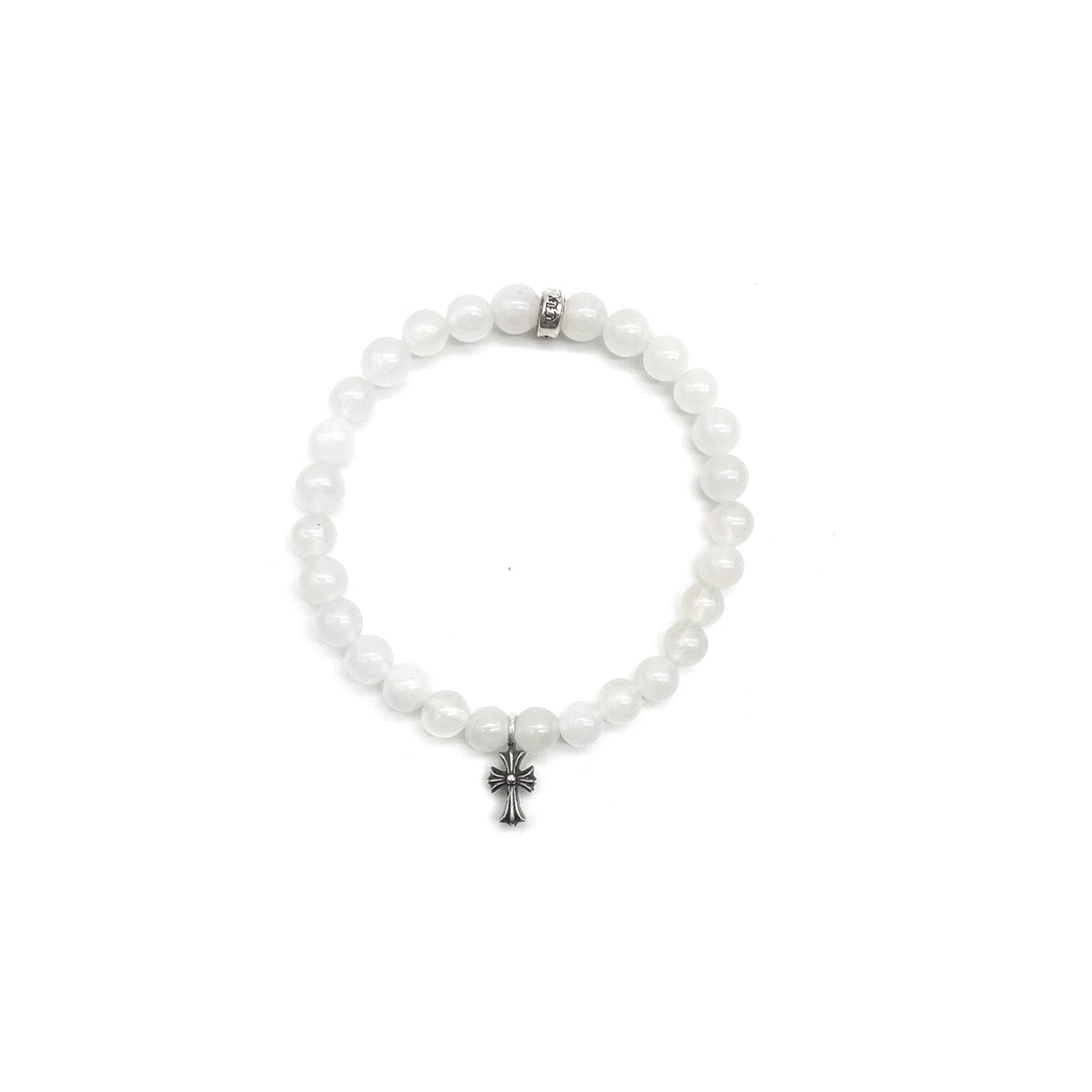 Chrome Hearts 6mm White Beaded Silver Cross Pendant Bracelet - SHENGLI ROAD MARKET