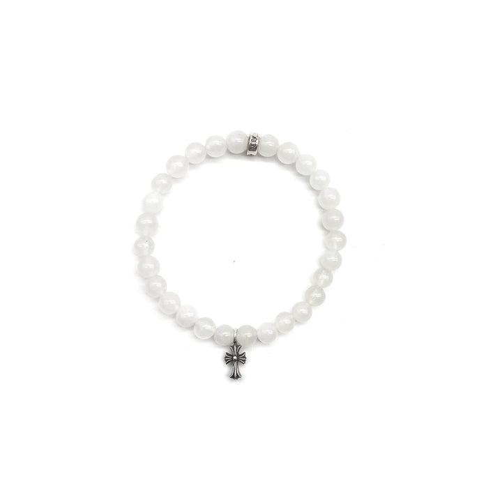 Chrome Hearts 6mm White Beaded Silver Cross Pendant Bracelet - SHENGLI ROAD MARKET