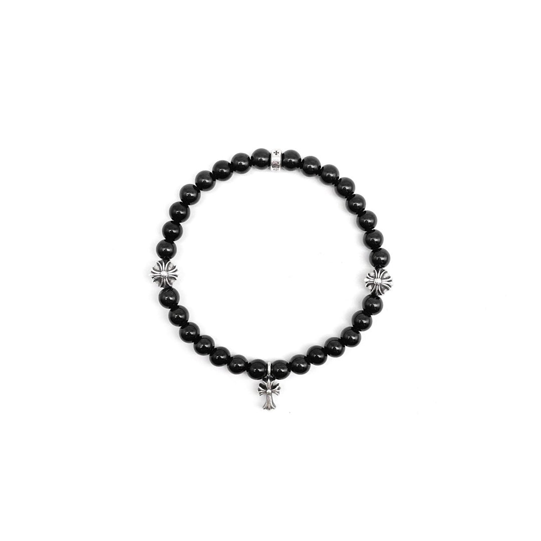 Chrome Hearts 8mm Beaded Obsidian 4 Silver Cross Bracelet - SHENGLI ROAD MARKET