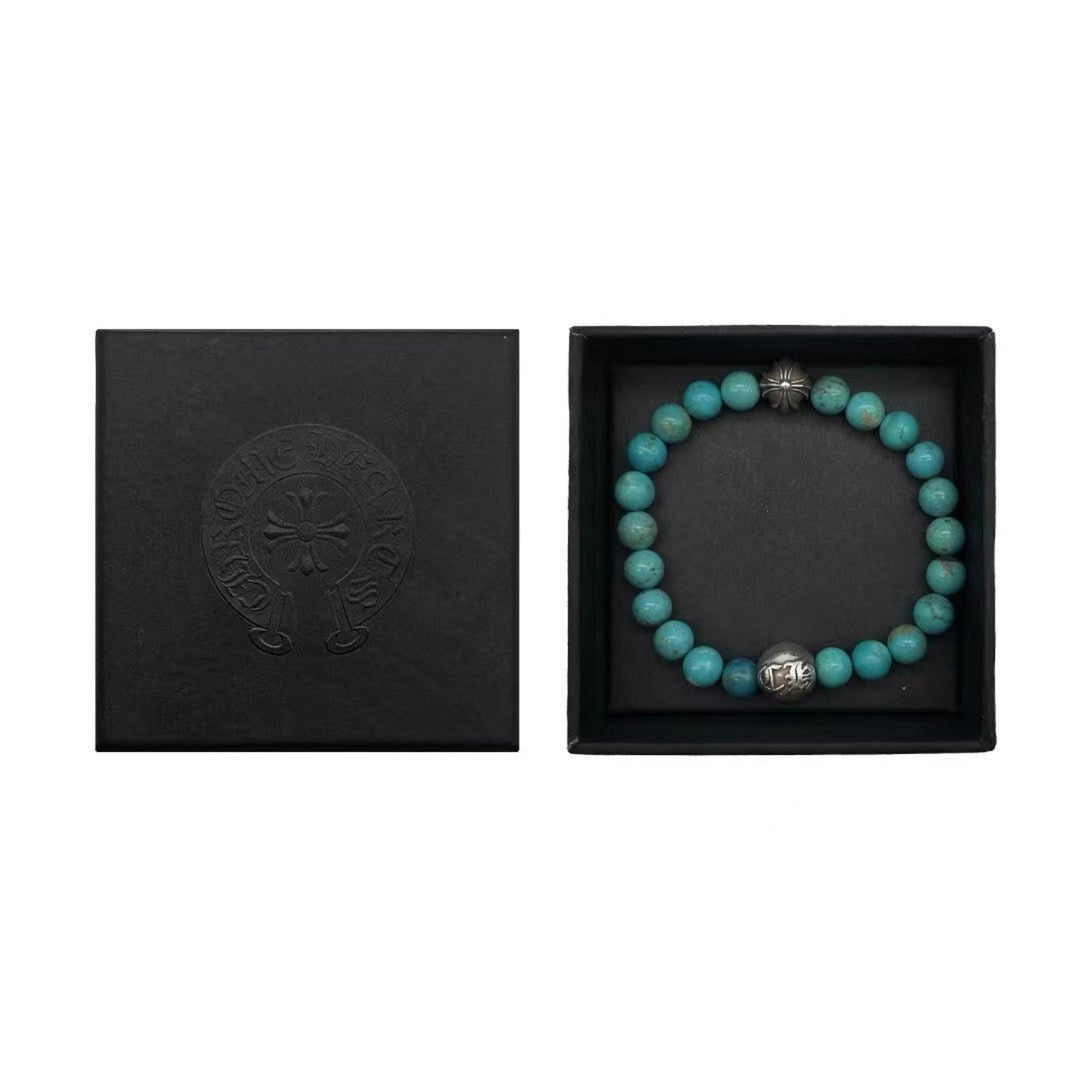 Chrome Hearts 8mm Beaded Turquoise Silver Bracelet