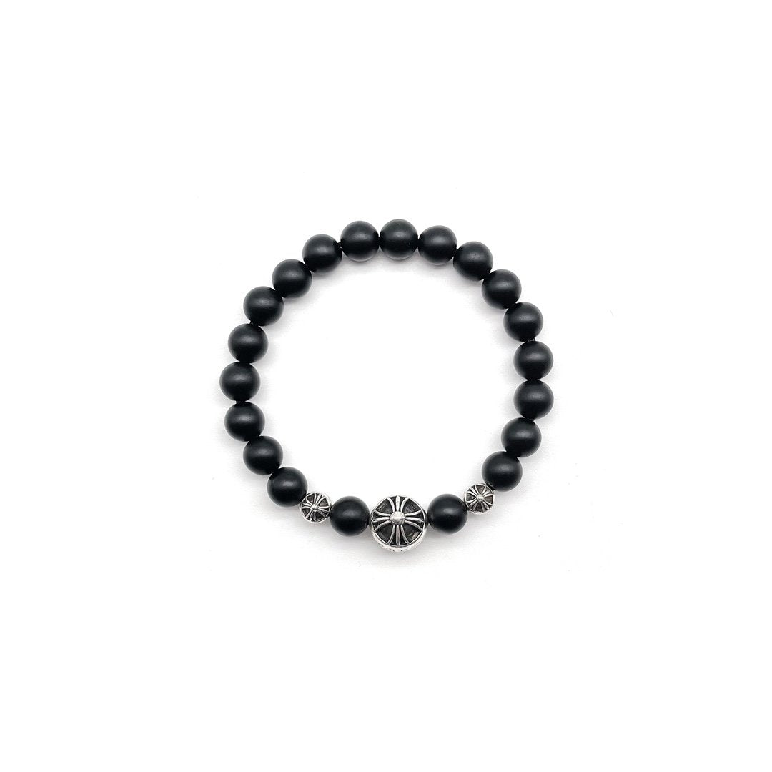 Chrome Hearts 8mm Frosted Obsidian Bead 3 Silver Bracelet - SHENGLI ROAD MARKET