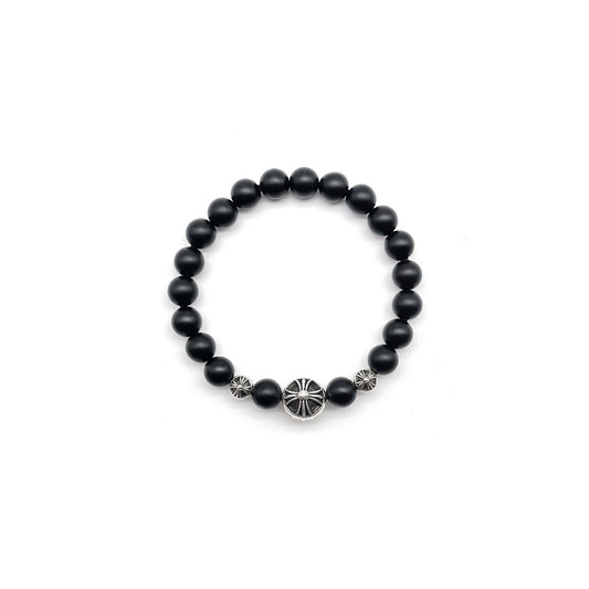 Chrome Hearts 8mm Frosted Obsidian Bead 3 Silver Bracelet - SHENGLI ROAD MARKET