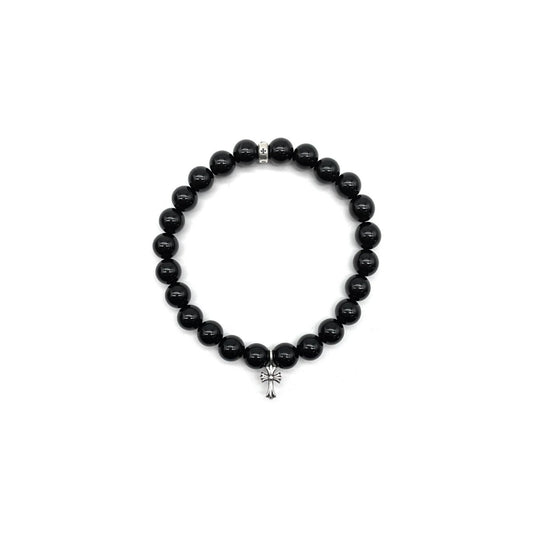 Chrome Hearts 8mm Obsidian 2 Silver Cross Bracelet - SHENGLI ROAD MARKET