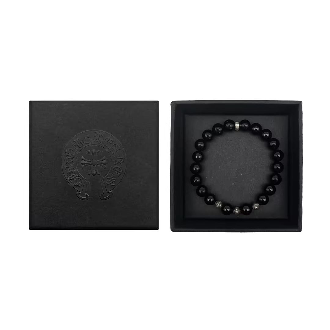 Chrome Hearts 8mm Obsidian 4 Silver Cross Bracelet - SHENGLI ROAD MARKET