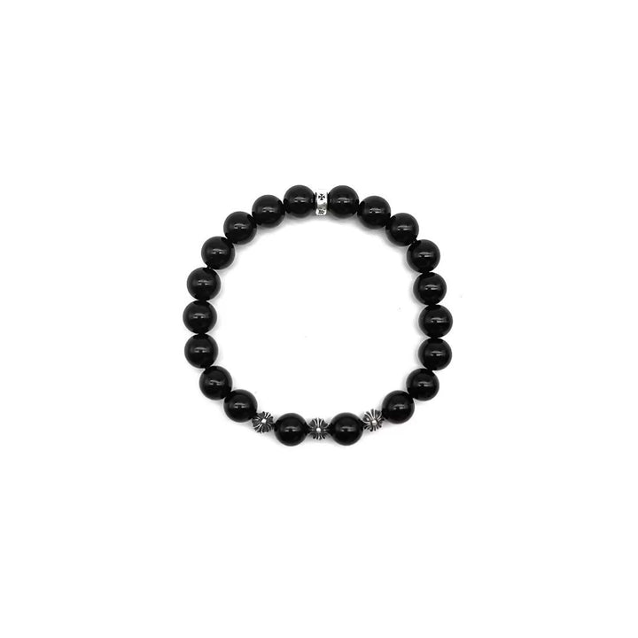 Chrome Hearts 8mm Obsidian 4 Silver Cross Bracelet - SHENGLI ROAD MARKET