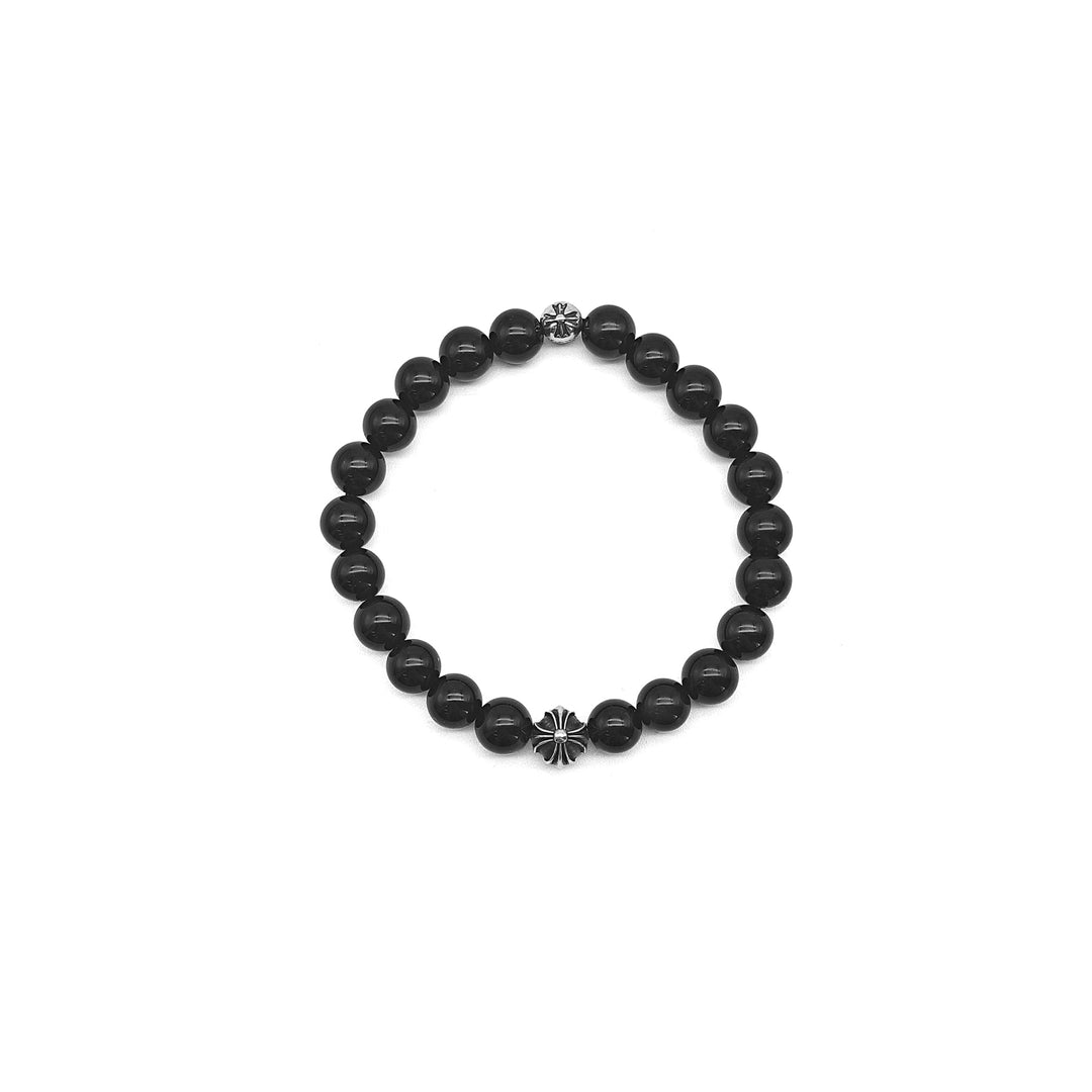 Chrome Hearts 8mm Obsidian Double Silver Cross Bracelet - SHENGLI ROAD MARKET