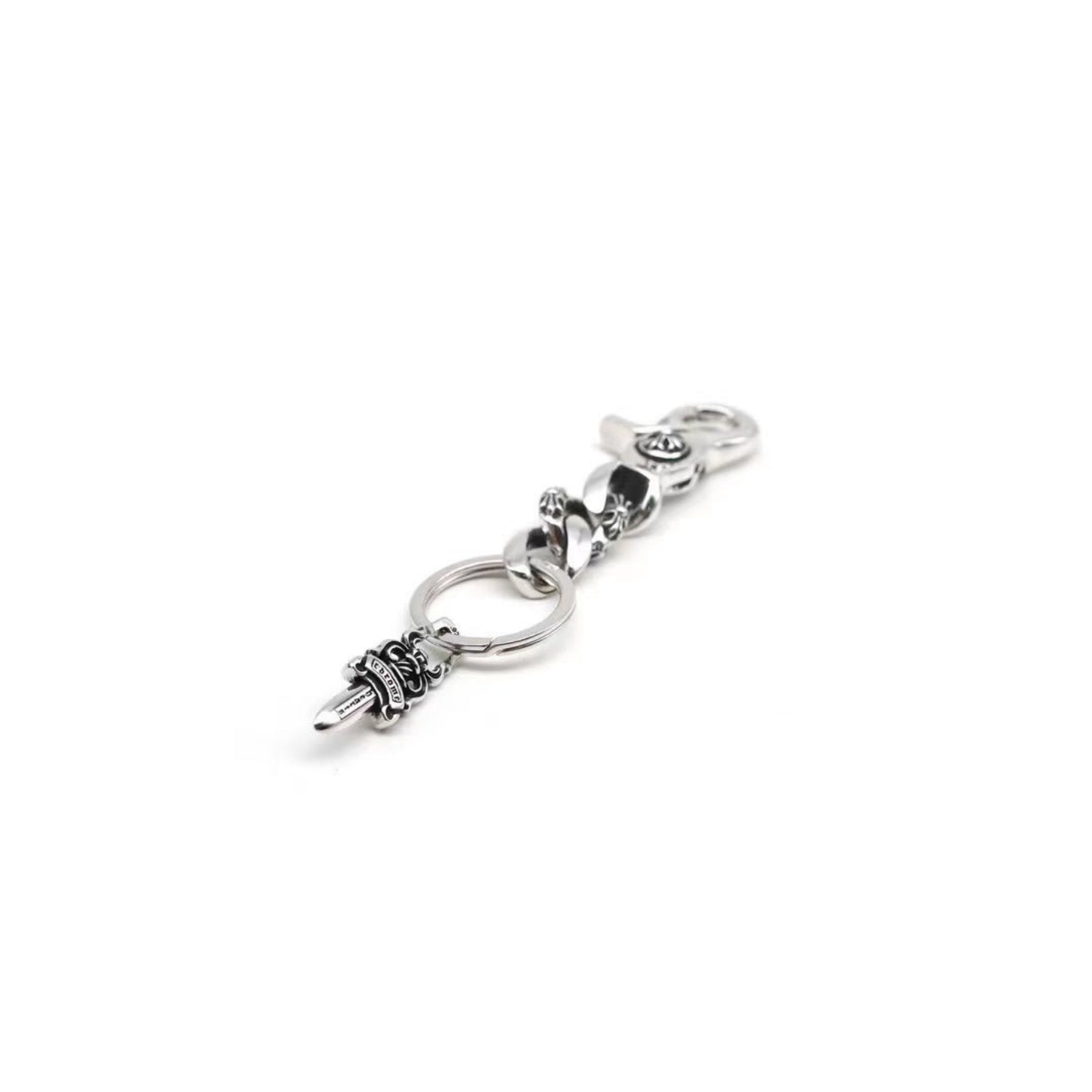 Chrome Hearts Silver Fancy Cuban Link 1 Clip Dagger Keyring - SRM