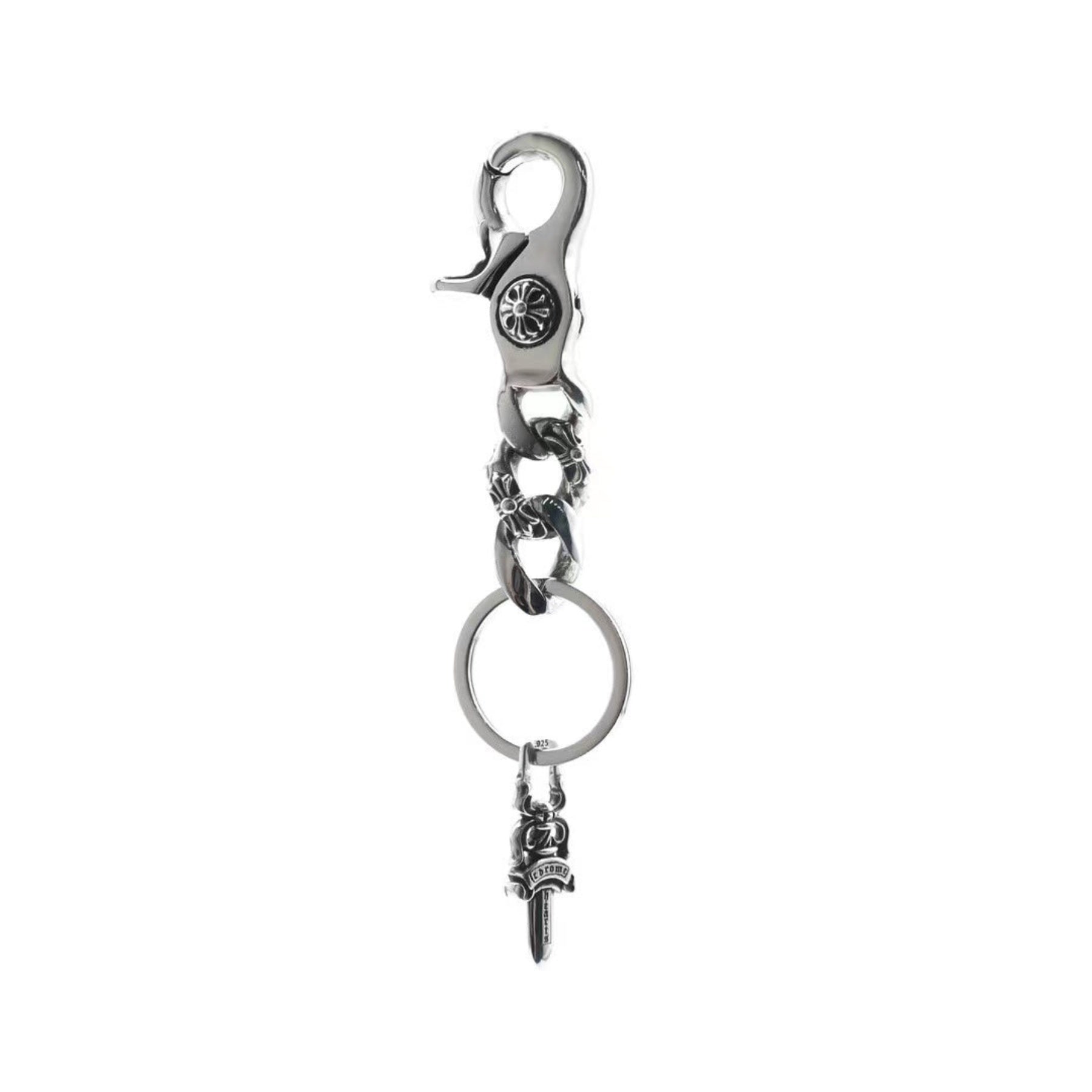 Chrome Hearts Silver Fancy Cuban Link 1 Clip Dagger Keyring - SRM