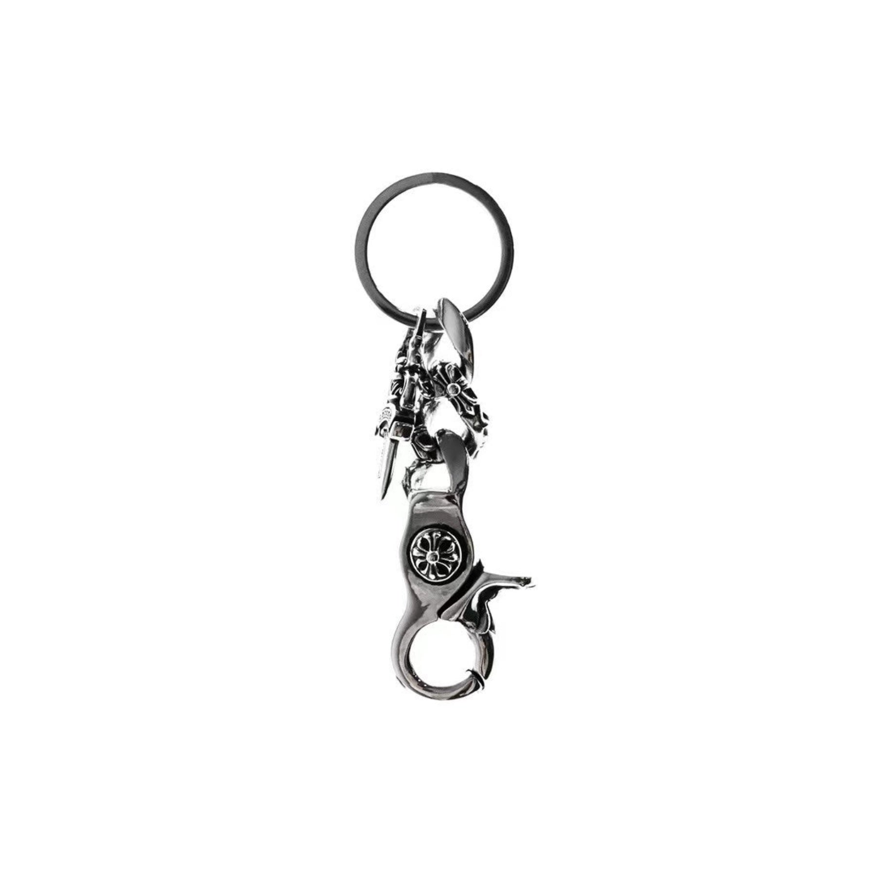 Chrome Hearts Silver Fancy Cuban Link 1 Clip Dagger Keyring - SRM