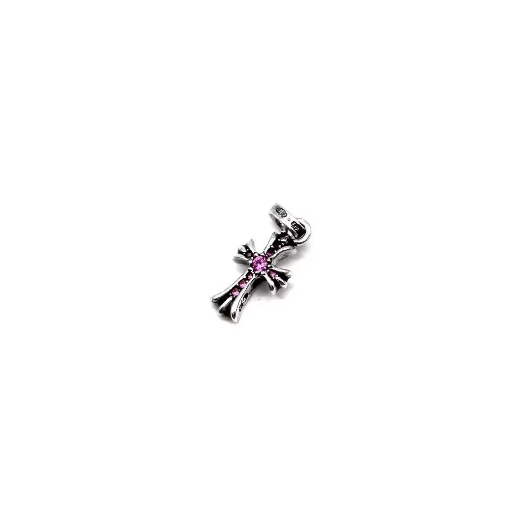 Chrome Hearts 925 Silver Pink Diamonds Babyfat Cross Pendant - SHENGLI ROAD MARKET