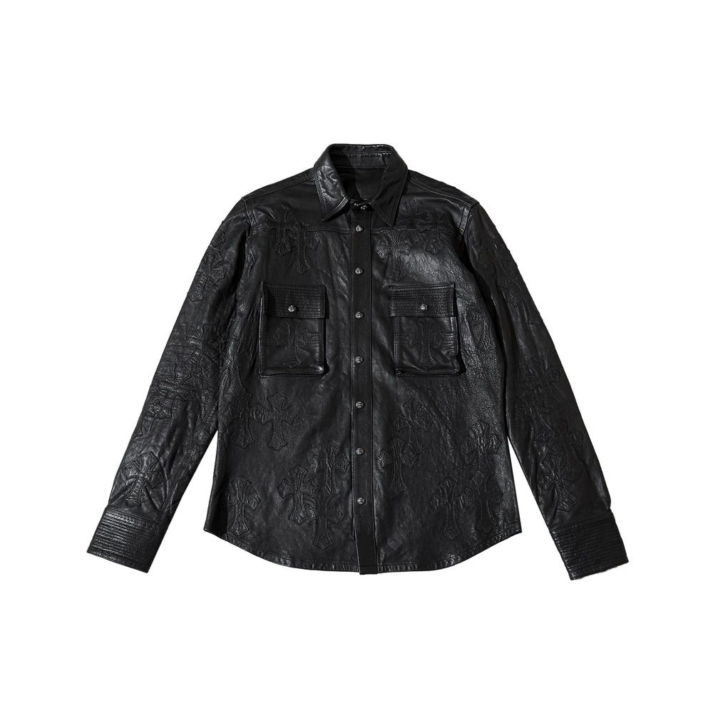 Chrome Hearts All Over Cross Patch Black Leather Shirt Jacket - SHENGLI ROAD MARKET