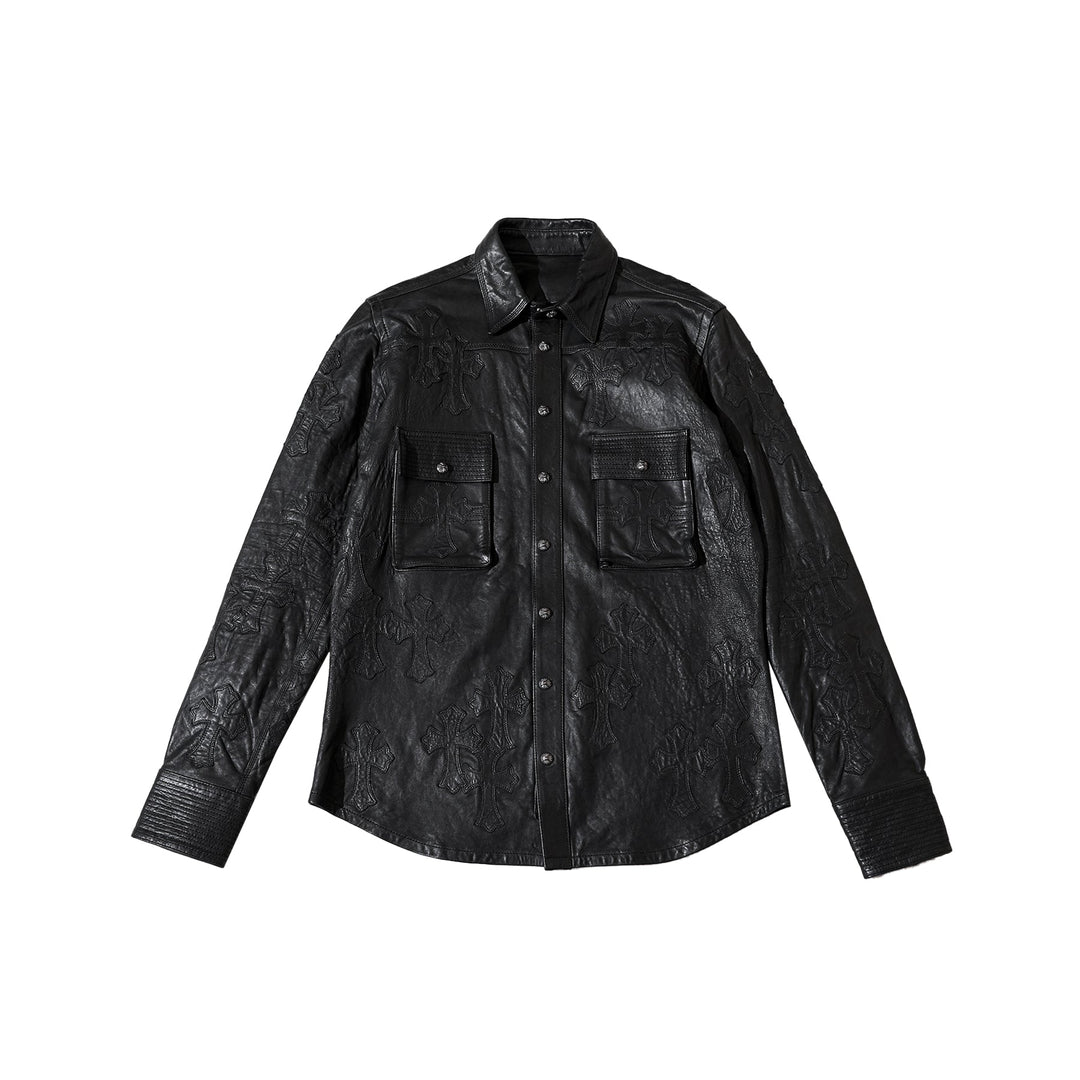 Chrome Hearts All Over Cross Patch Black Leather Shirt Jacket - SHENGLI ROAD MARKET