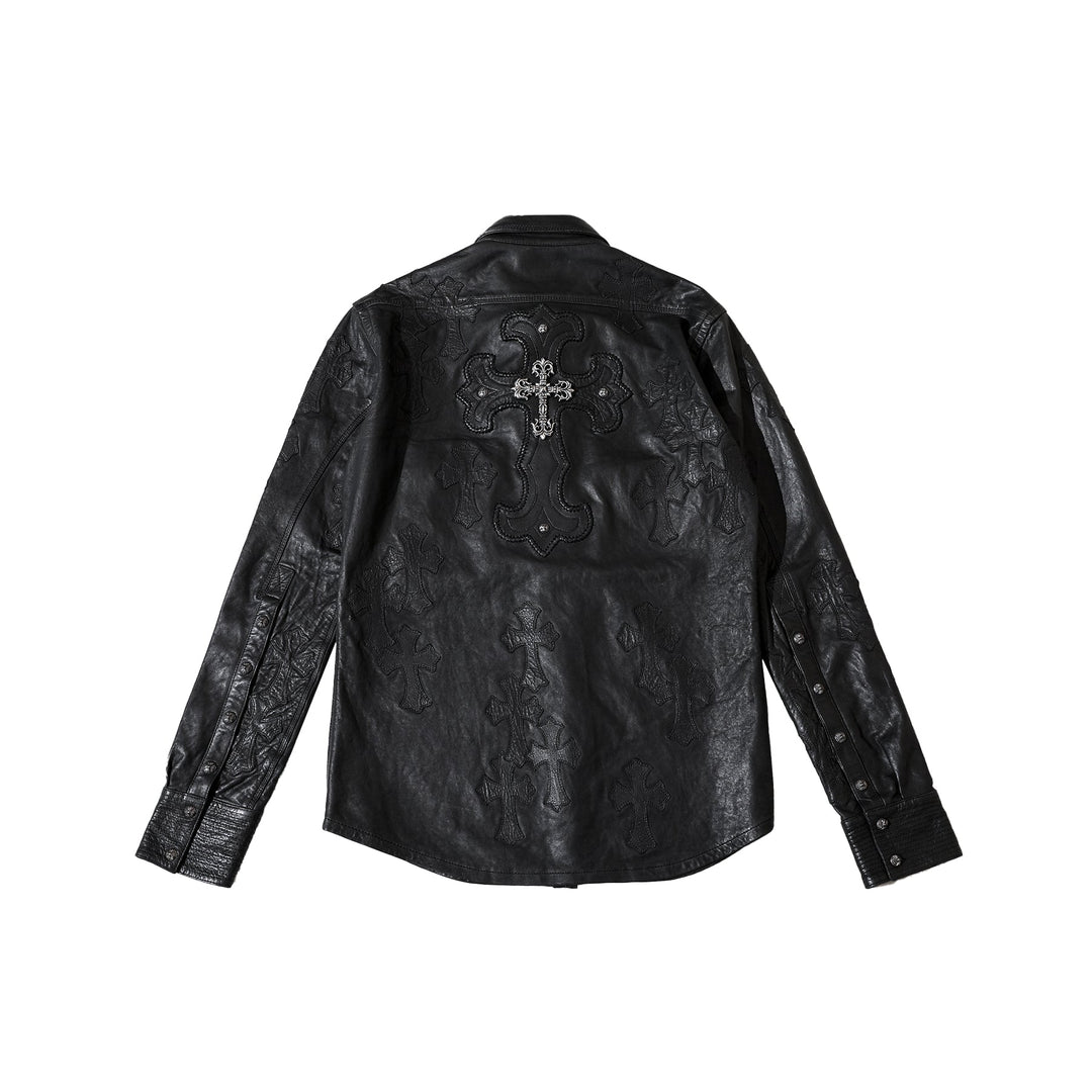 Chrome Hearts All Over Cross Patch Black Leather Shirt Jacket - SHENGLI ROAD MARKET