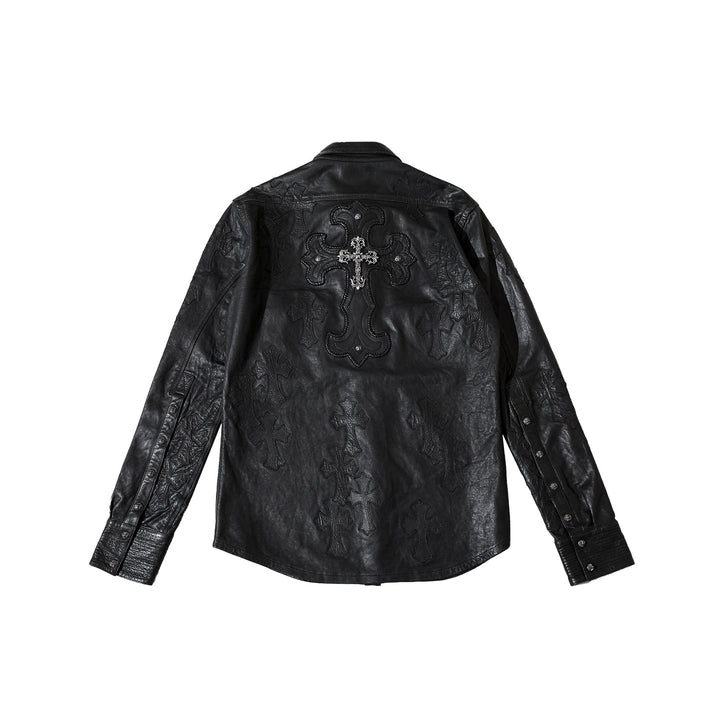 Chrome Hearts All Over Cross Patch Black Leather Shirt Jacket - SHENGLI ROAD MARKET