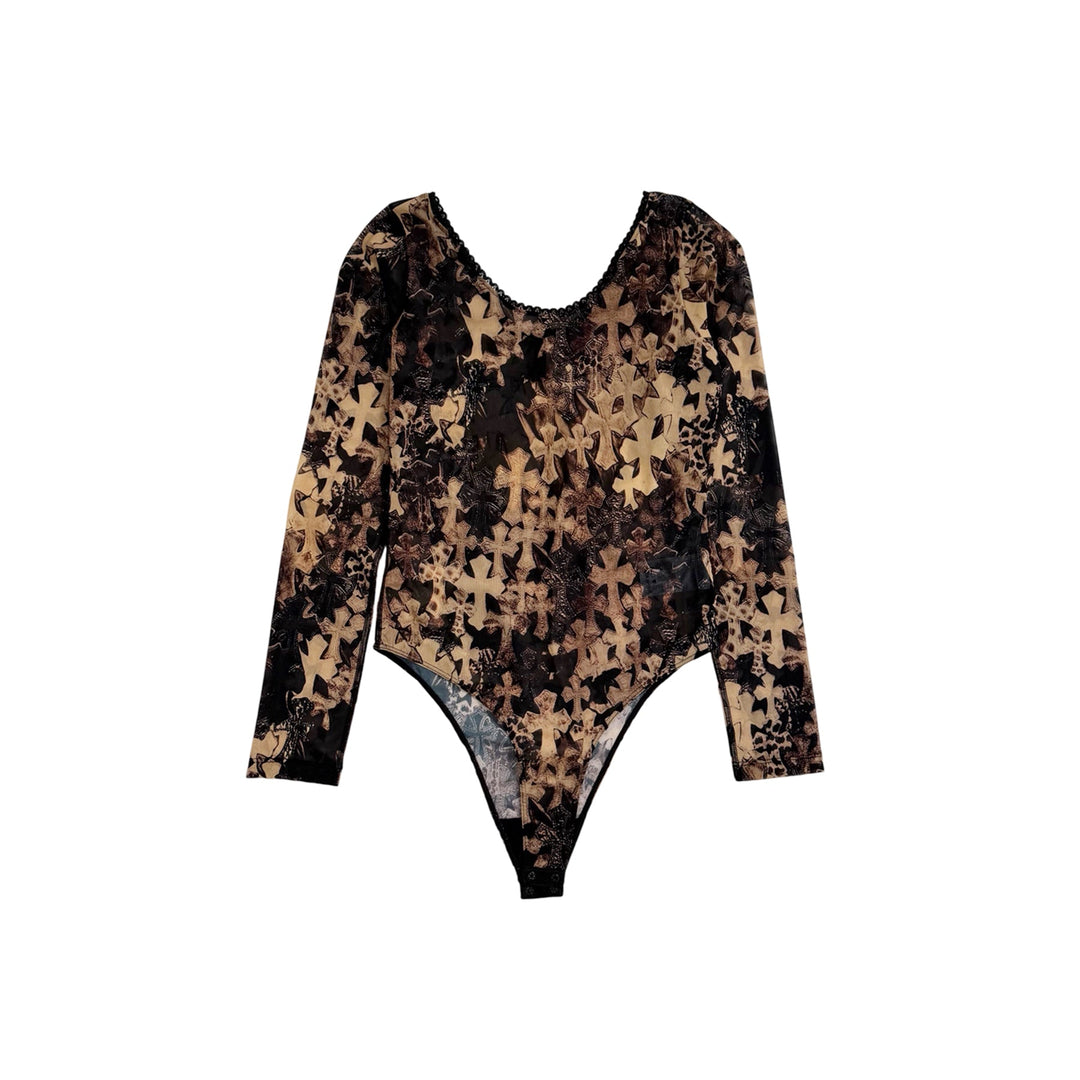 Chrome Hearts All Over Cross Print Mesh Long Sleeve Bodysuit - SHENGLI ROAD MARKET