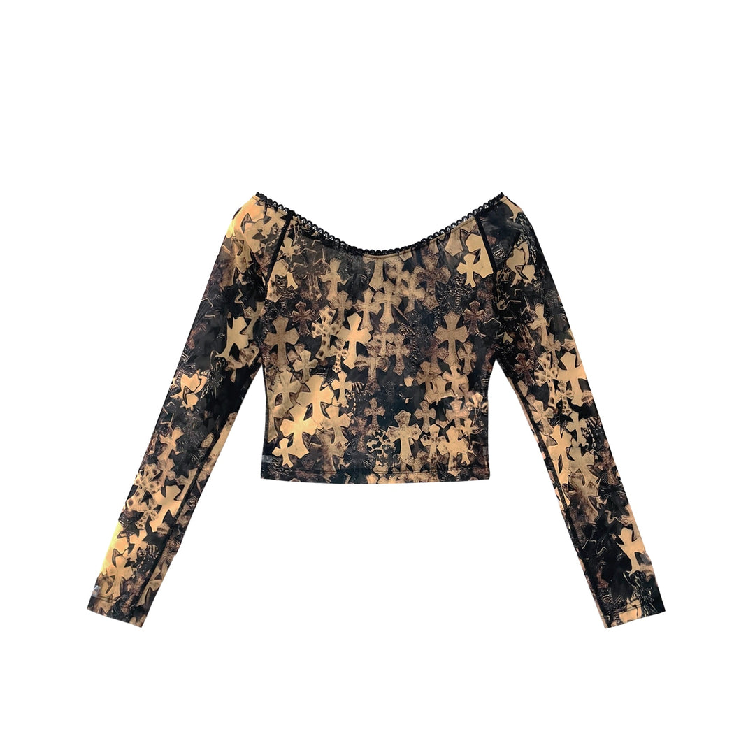 Chrome Hearts All Over Cross Print Off-Shoulder Mesh Long Sleeve Top - SHENGLI ROAD MARKET