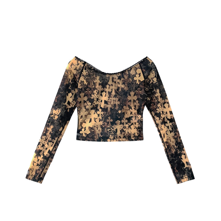 Chrome Hearts All Over Cross Print Off-Shoulder Mesh Long Sleeve Top - SHENGLI ROAD MARKET