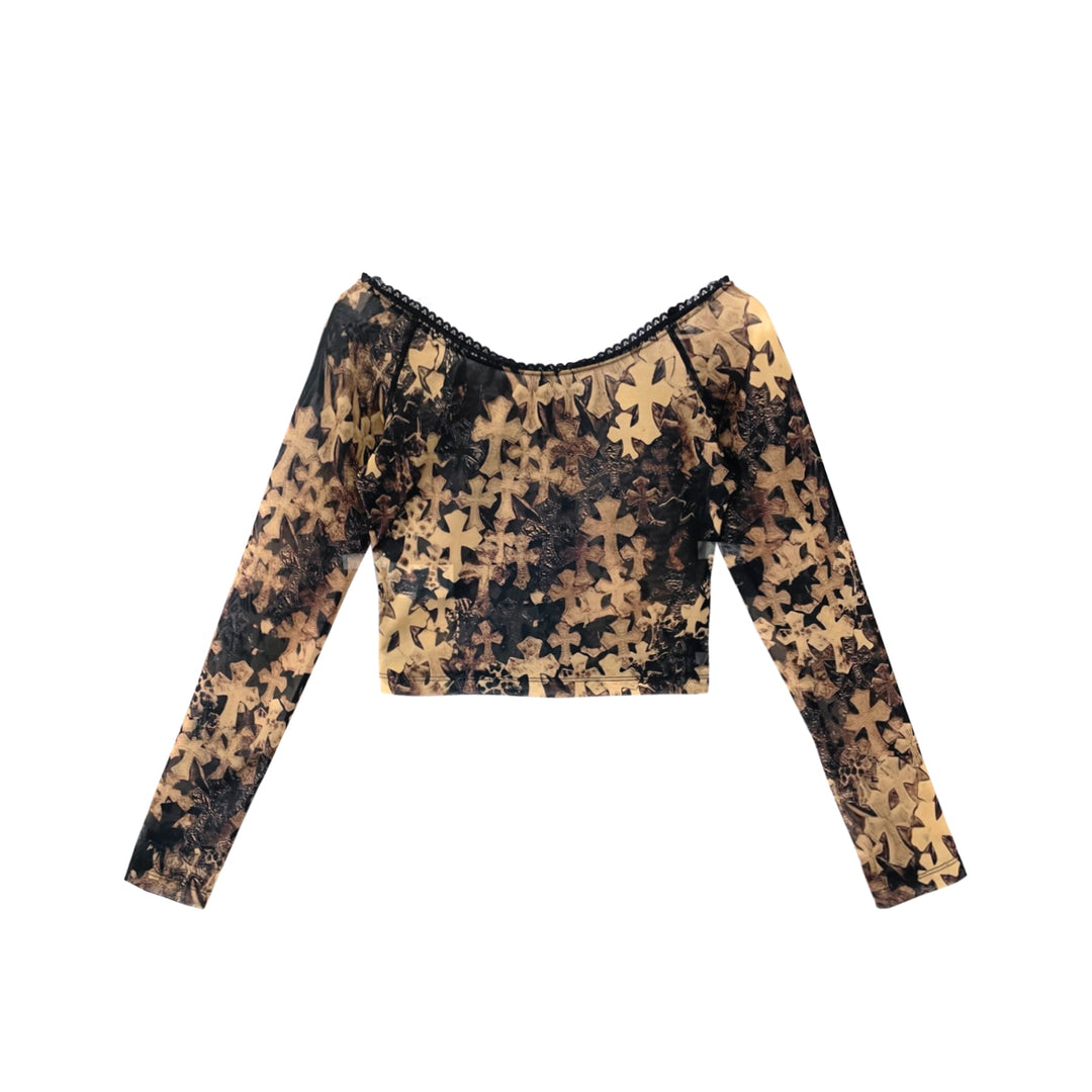 Chrome Hearts All Over Cross Print Off-Shoulder Mesh Long Sleeve Top - SHENGLI ROAD MARKET