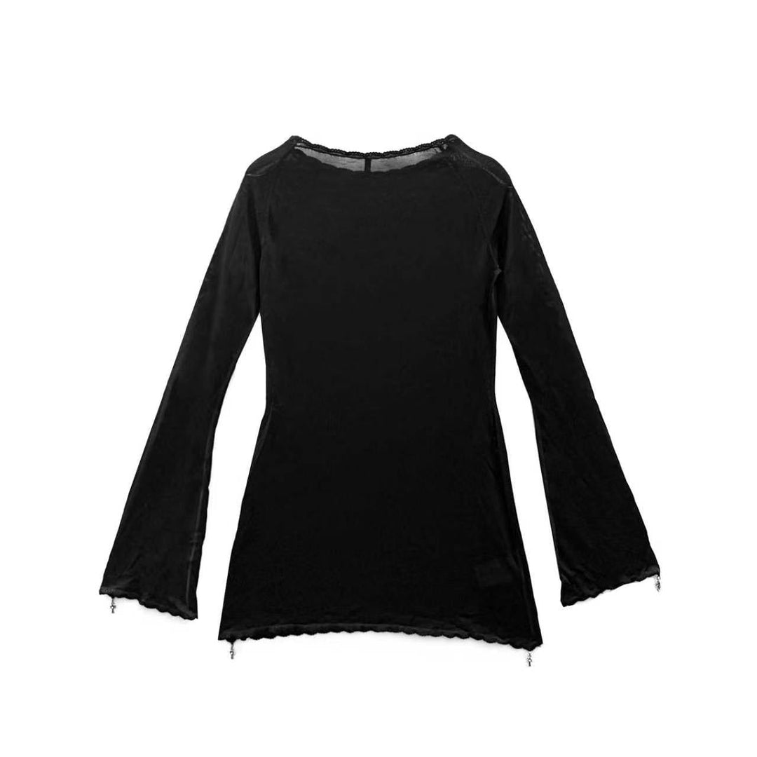 Chrome Hearts BBF Mesh Silver Cross Charm Black Long Sleeve Top - SHENGLI ROAD MARKET