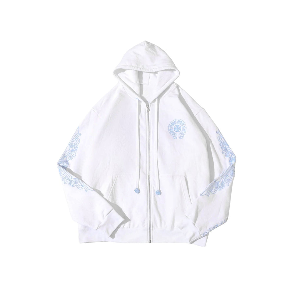 Chrome Hearts Beaded Horseshoe Logo White Zip Up Hoodie - SHENGLI ROAD MARKET