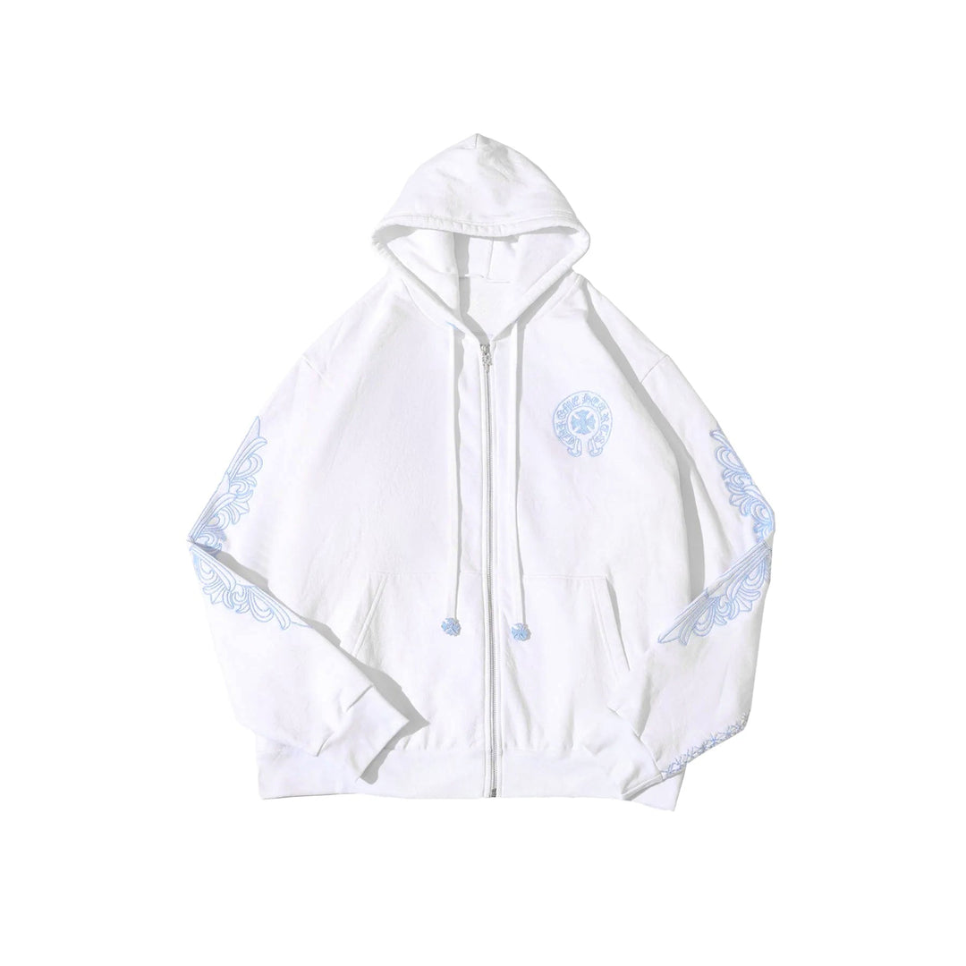 Chrome Hearts Beaded Horseshoe Logo White Zip Up Hoodie - SHENGLI ROAD MARKET