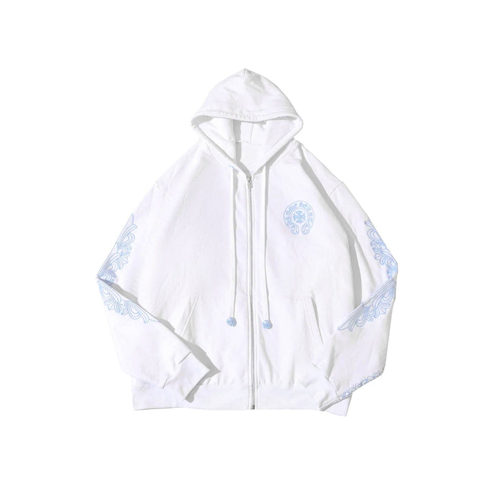 Chrome Hearts Beaded Horseshoe Logo White Zip Up Hoodie - SHENGLI ROAD MARKET
