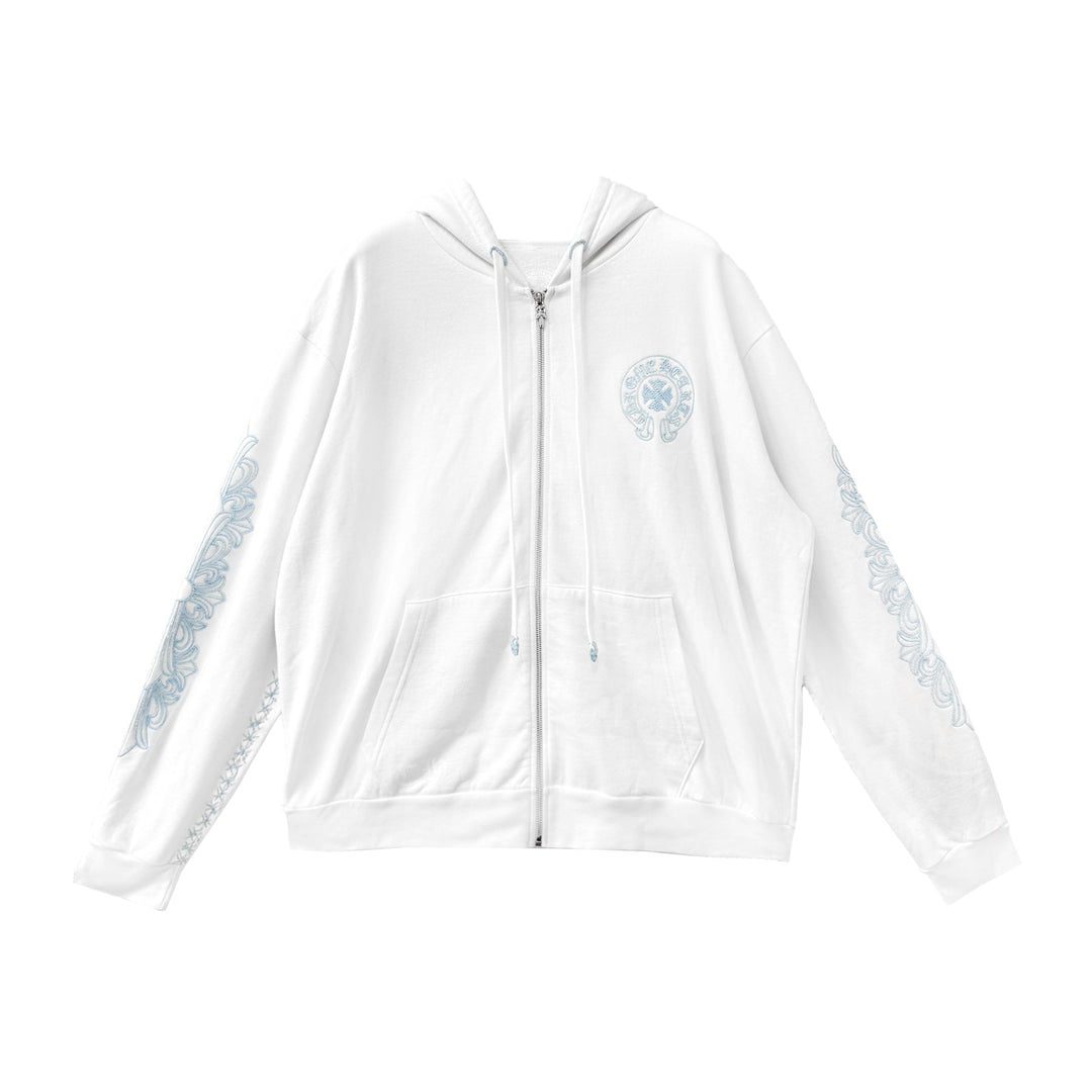 Chrome Hearts Beaded Horseshoe White Zip Up Hoodie - SHENGLI ROAD MARKET