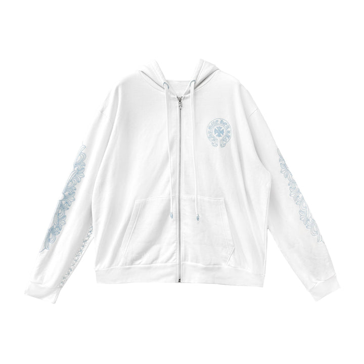 Chrome Hearts Beaded Horseshoe White Zip Up Hoodie - SHENGLI ROAD MARKET