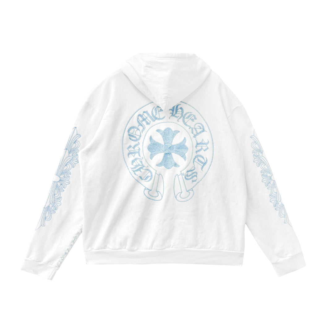 Chrome Hearts Beaded Horseshoe White Zip Up Hoodie - SHENGLI ROAD MARKET