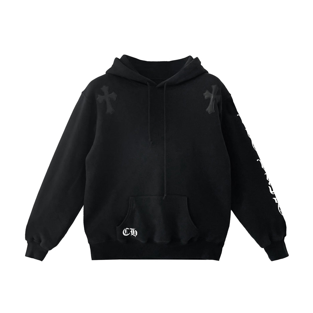 Chrome Hearts Big Bang Leather Cross Patch Black Pullover Hoodie - SHENGLI ROAD MARKET