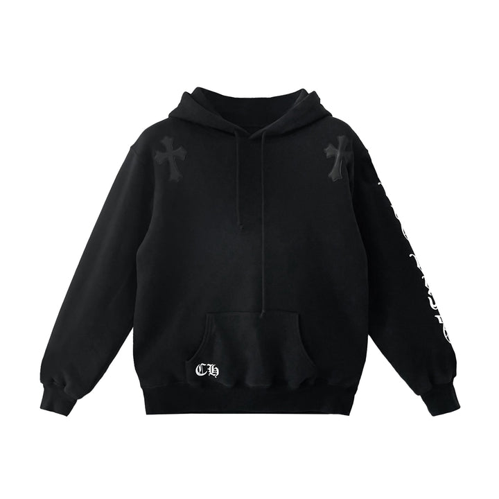 Chrome Hearts Big Bang Leather Cross Patch Black Pullover Hoodie - SHENGLI ROAD MARKET