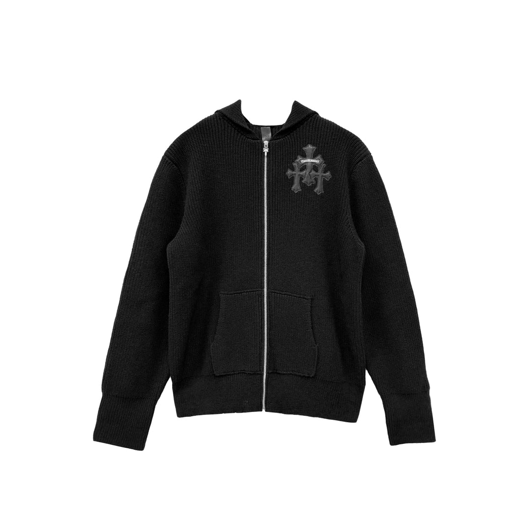 Chrome Hearts Black Cashmere Leather Cross Zip Up Hoodie Sweater - SHENGLI ROAD MARKET