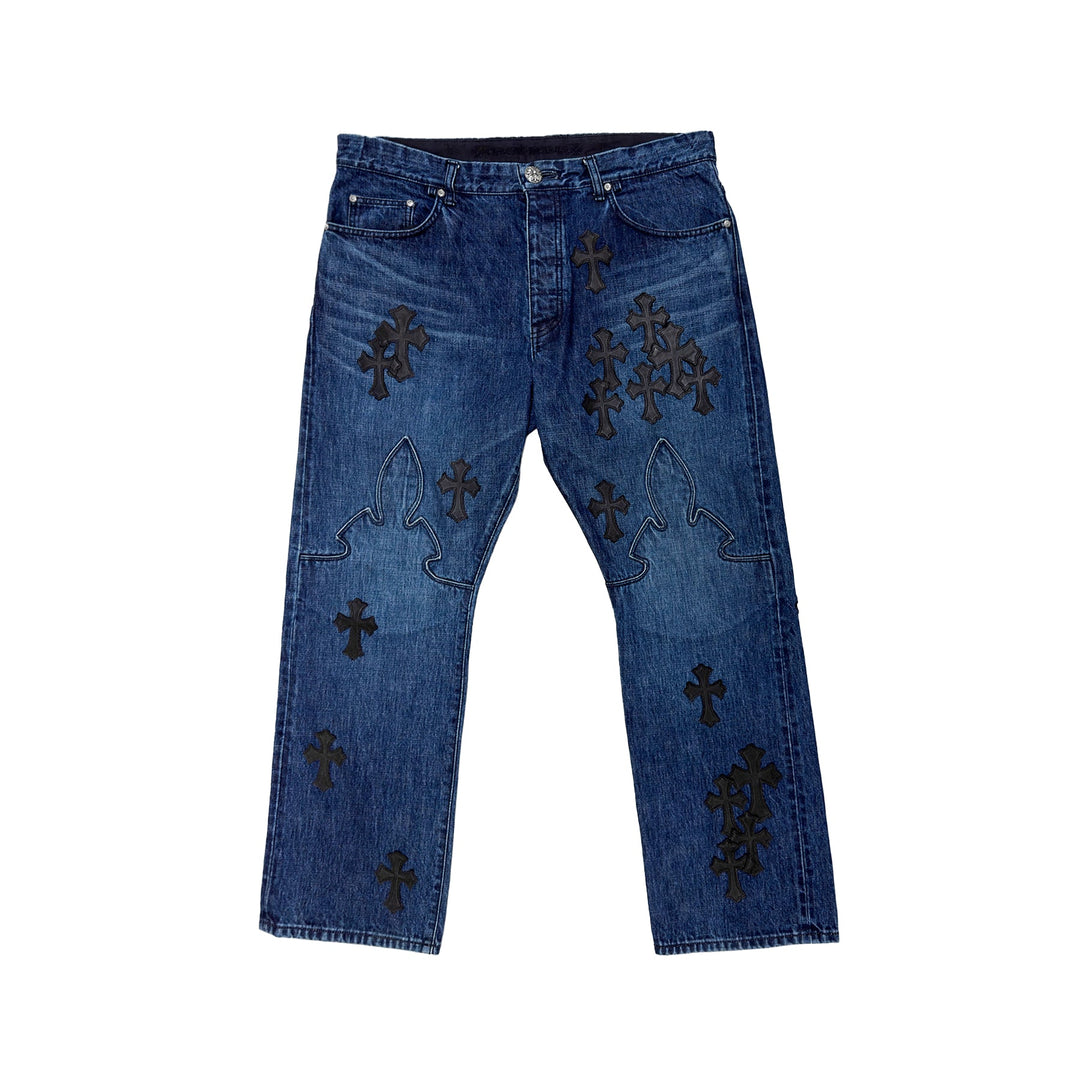 Chrome Hearts Black Cross Leather Patch Flame Knee Jeans - SHENGLI ROAD MARKET