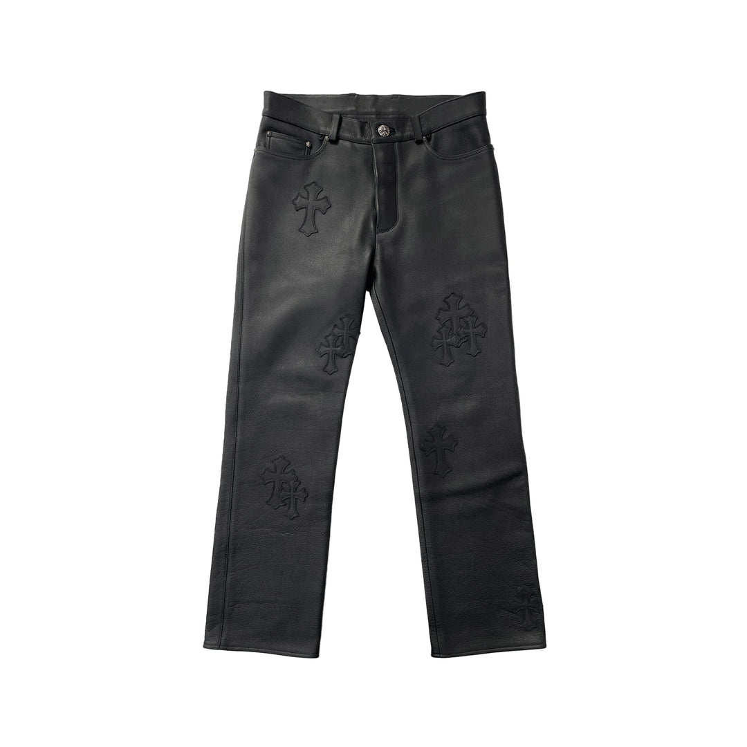 Chrome Hearts Black Cross Patch Leather Pants - SHENGLI ROAD MARKET