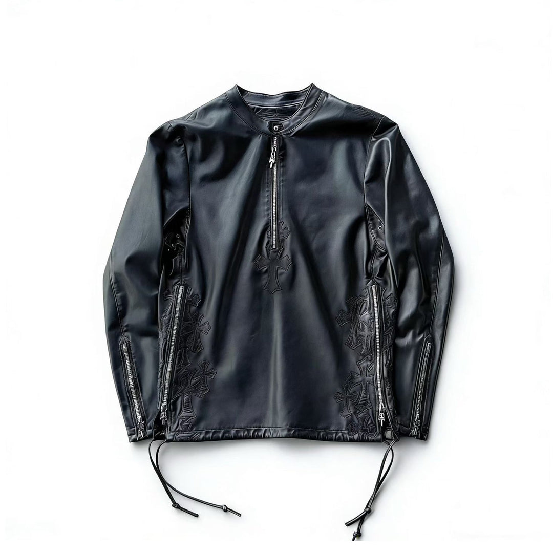 Chrome Hearts Black Full Leather Cross Patch Half Zip Shirt - SHENGLI ROAD MARKET