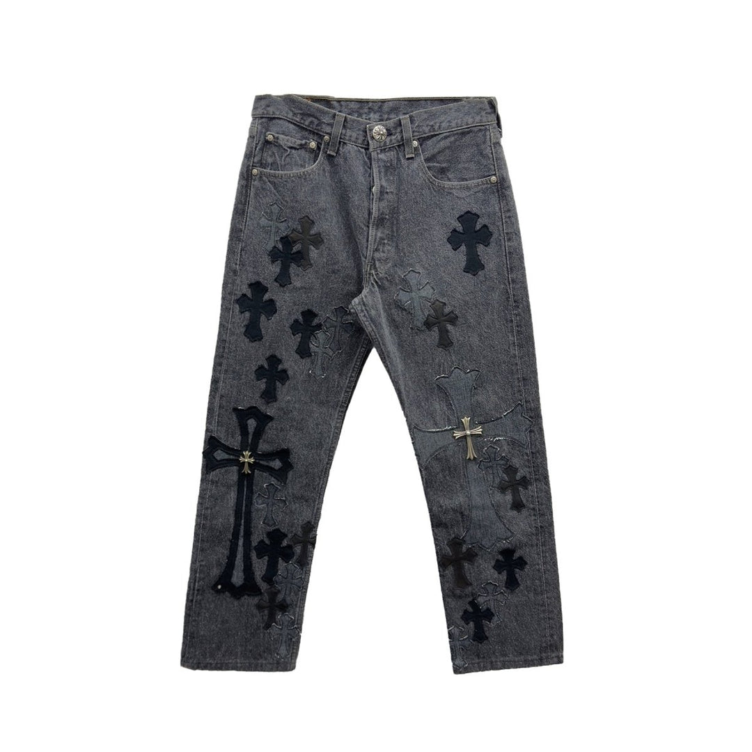 Chrome Hearts Black & Grey Silver Cross Patch Jeans - SHENGLI ROAD MARKET