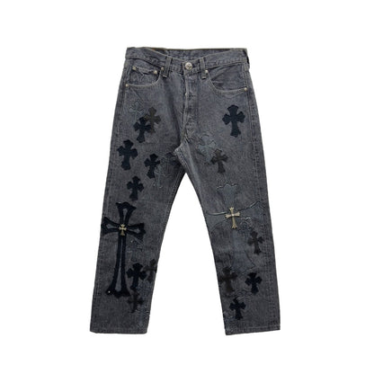 Chrome Hearts Black & Grey Silver Cross Patch Jeans - SHENGLI ROAD MARKET