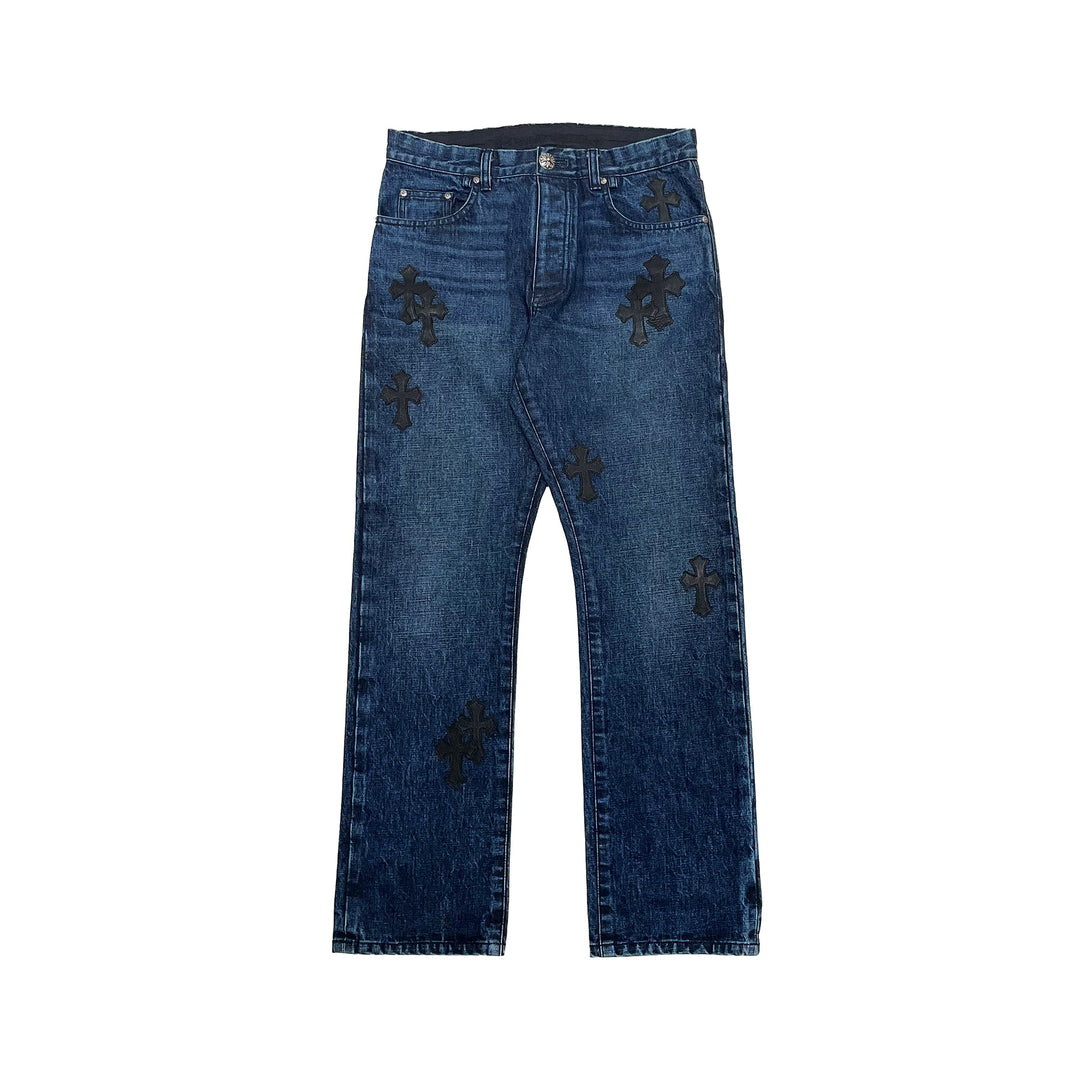Chrome Hearts Black Leather Cross Patch Jeans - SHENGLI ROAD MARKET