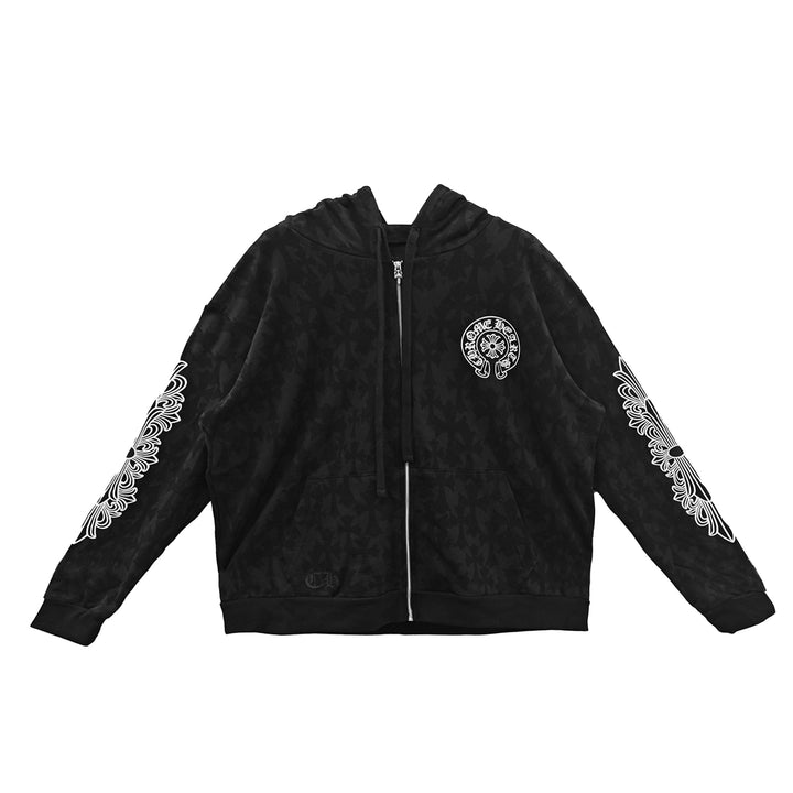 Chrome Hearts Black Tonal Monogram Scroll Horseshoe Logo Zip Up Hoodie - SHENGLI ROAD MARKET