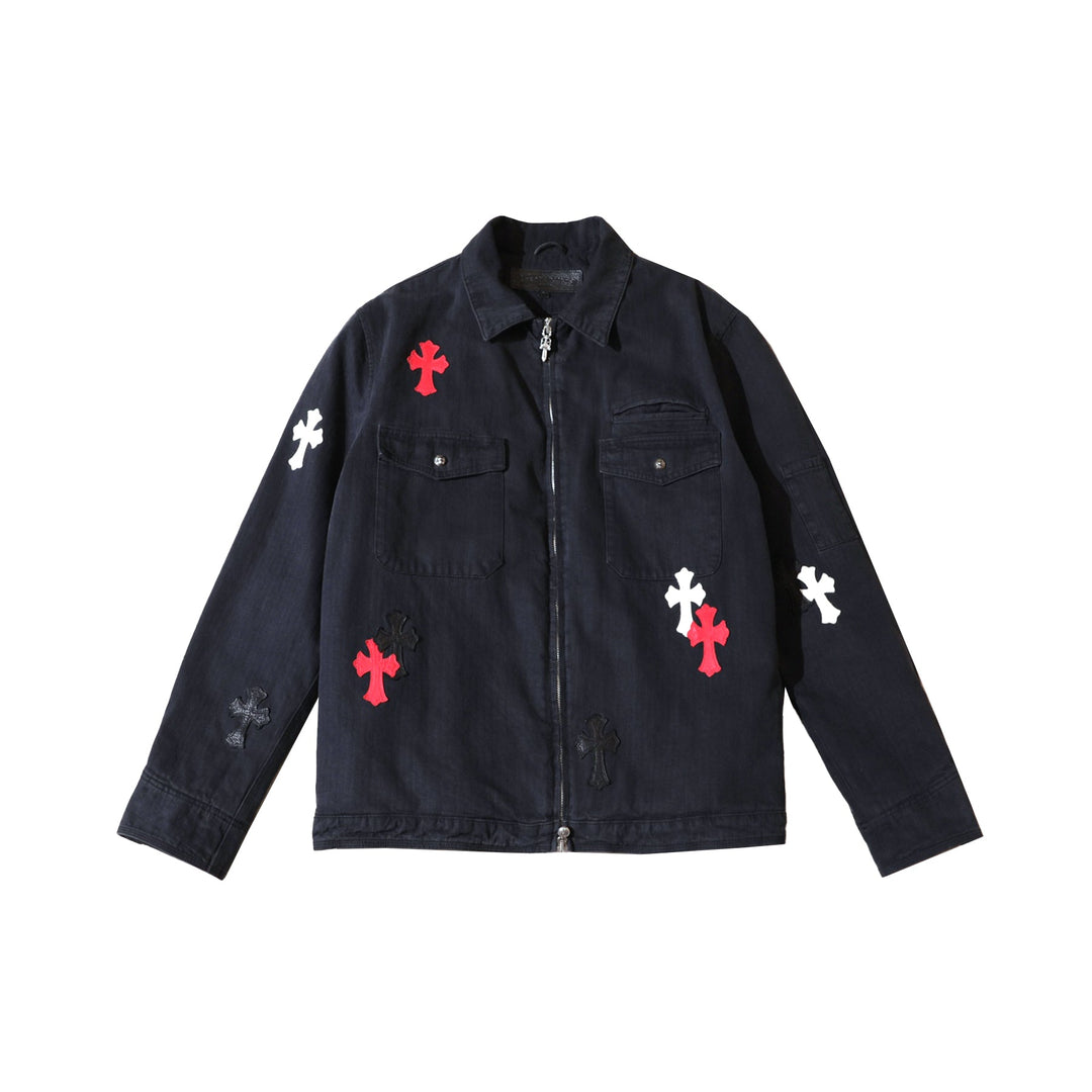 Chrome Hearts Black Washed Tricolor Pony Hair Cross Patch Zip Jacket - SHENGLI ROAD MARKET