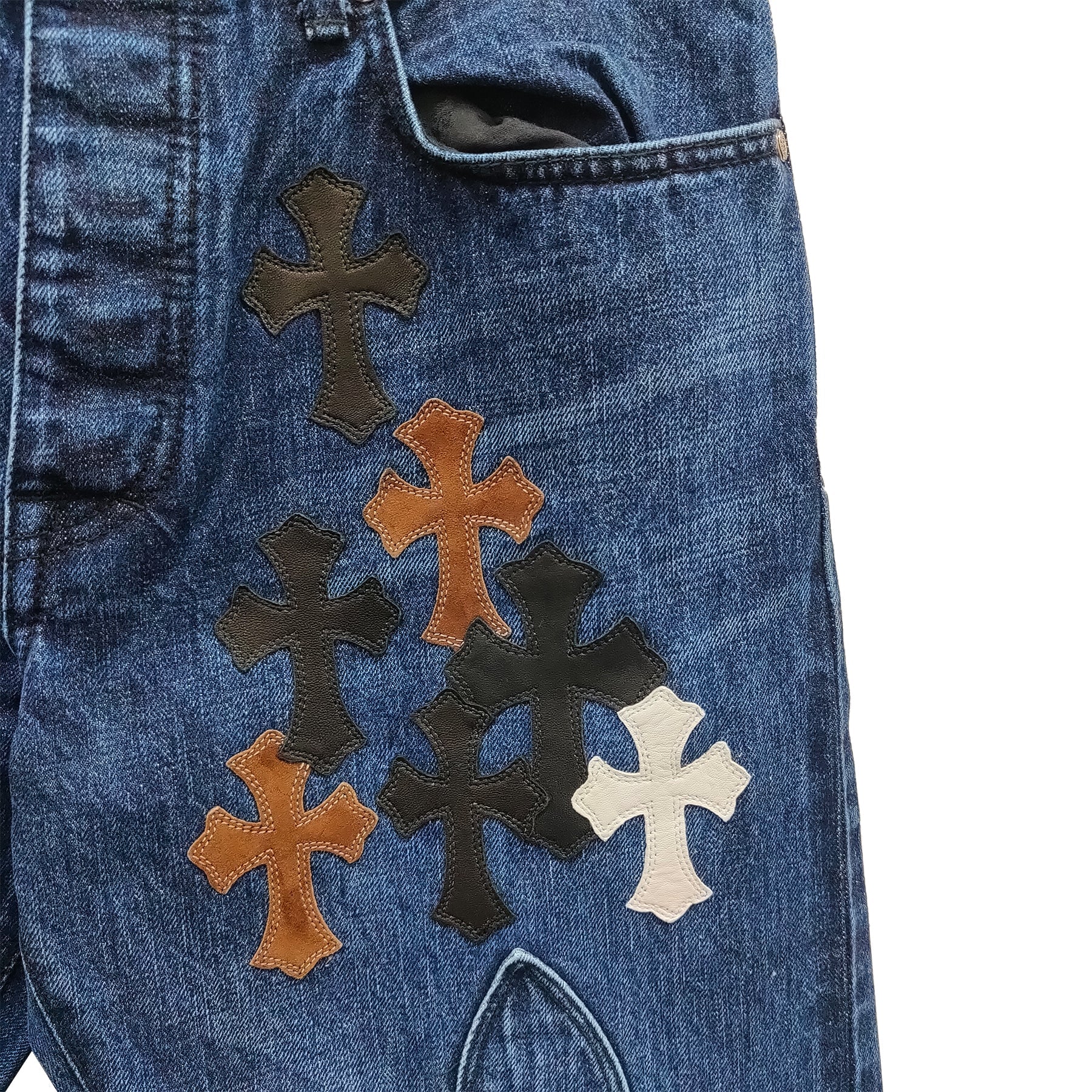 Chrome Hearts Black & White & Brown Patch Fleur Knee Jeans - SRM
