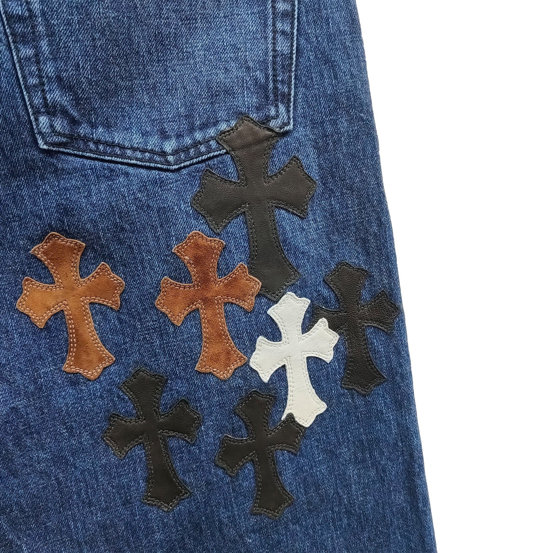 Chrome Hearts Black & White & Brown Patch Fleur Knee Jeans - SRM