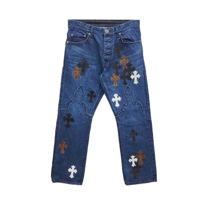 Chrome Hearts Black & White & Brown Patch Flame Knee Jeans - SHENGLI ROAD MARKET