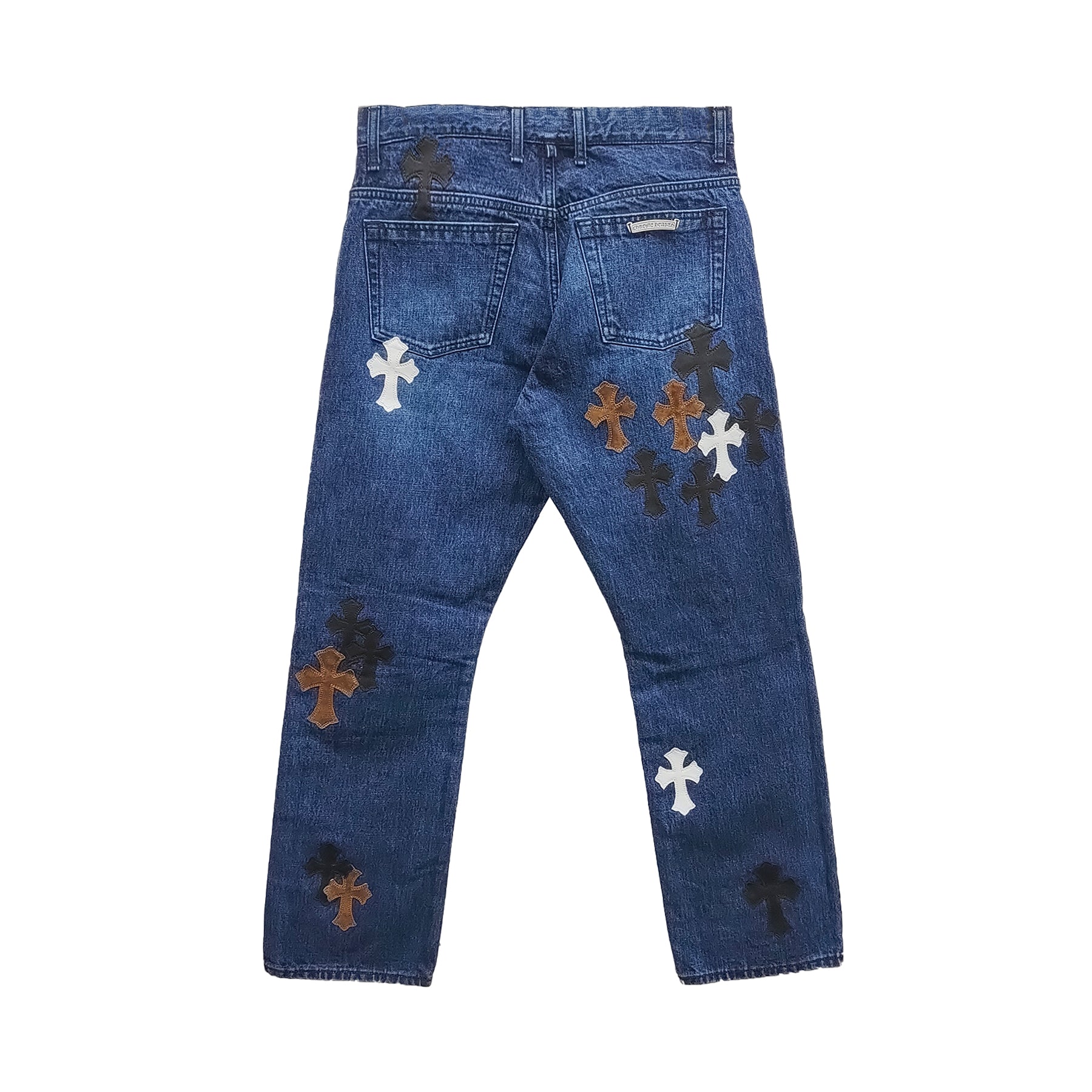 Chrome Hearts Black & White & Brown Patch Fleur Knee Jeans - SRM