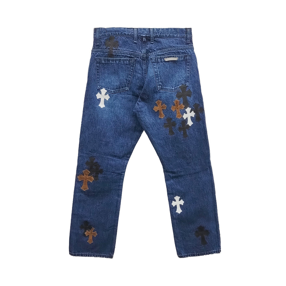 Chrome Hearts Black & White & Brown Patch Flame Knee Jeans - SHENGLI ROAD MARKET