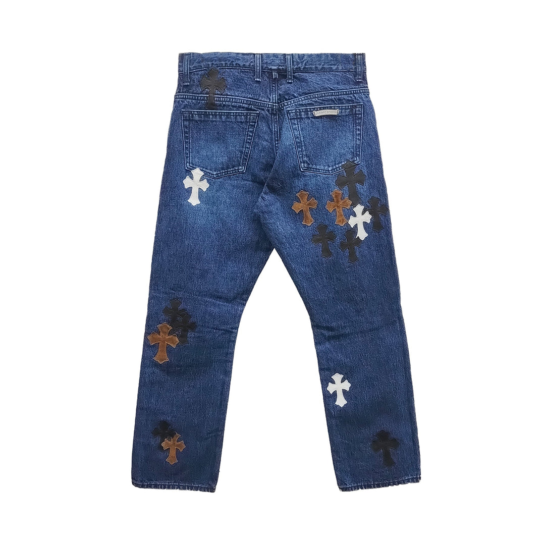 Chrome Hearts Black & White & Brown Patch Flame Knee Jeans - SHENGLI ROAD MARKET